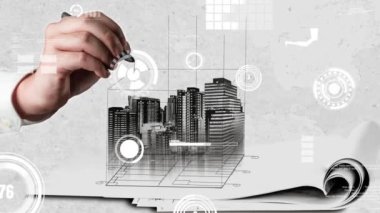 Şehir sivil planlama ve yaratıcı gayrimenkul geliştirme. Yaratıcı şehir binası tasarlamak için soyut şehir çizimine bakan mimar insanlar. Mimarlık hayali ve hırs konsepti.