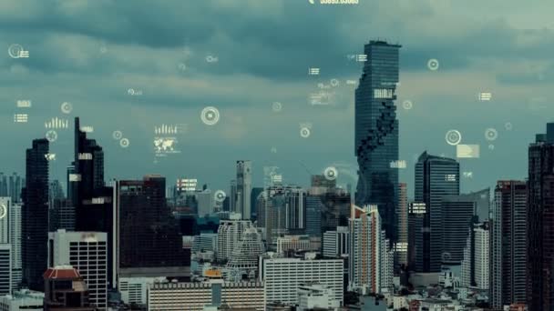 业务数据分析接口飞越智能城市 显示出商业智能的变化前景 利用计算机软件和人工智能分析用于战略计划的海量数据 — 图库视频影像