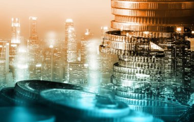 Finans ve para teknolojisi iş refahı ve varlık yönetimi kavramı. Yaratıcı grafik, refah karı elde etmek için değerli varlıklara yatırım yaparak ekonomi ve mali büyümeyi gösteriyor .