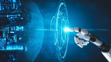 Gelecekçi robot yapay zeka yapay zeka yapay zekayı aydınlatıyor ve makine öğrenme kavramını geliştiriyor. İnsan hayatının geleceği için küresel robot biyonik bilim araştırması. 3B görüntüleme grafiği.