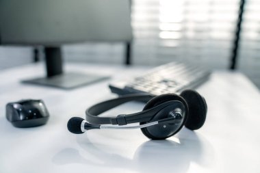 Essential equipment concept for competent online operators, call service agents, or online working. Customer service equipment, as well as helpdesk tools.
