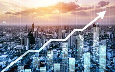 Financial graphs and digital indicators overlap with modernistic urban area, skyscrabber for stock market business concept. Double exposure.
