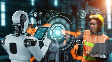 Cybernated industry robot and human worker working together in future factory . Concept of artificial intelligence for industrial revolution and automation manufacturing process .