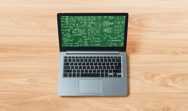 Mathematic equations and modish formula on computer screen showing concept of science and education