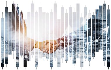 Ekonomik refah ve para teknolojisinin varlık geçmişi üzerine iş tokalaşması. Değerli borsaya yatırım yaparak ekonomik ve finansal büyüme ile refah kar birimi ticareti elde edilir
