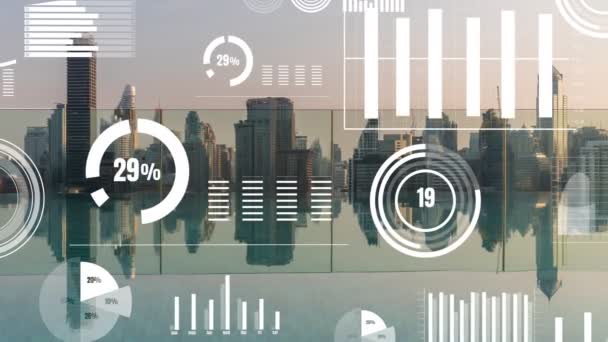 Affärsdata Analytiskt Gränssnitt Flyga Över Smart Stad Som Visar Förändring — Stockvideo