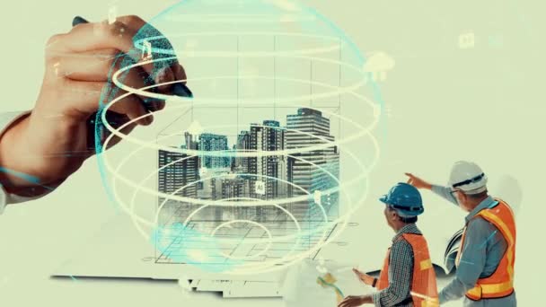 Städtebau Und Erfinderische Immobilienentwicklung Architekten Betrachten Abstrakte Stadtskizzen Kreative Zukünftige — Stockvideo