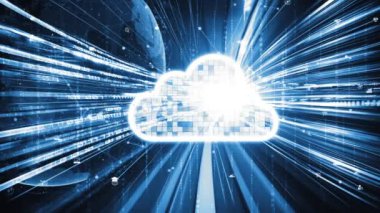 Akıllı paylaşım yazılımıyla bulut bilgisayarı ve çevrimiçi veri depolama. Yeni bilgi çağındaki küresel eğilimleri değiştiren akıllı dijital dönüşüm ve teknoloji bozulması kavramı .