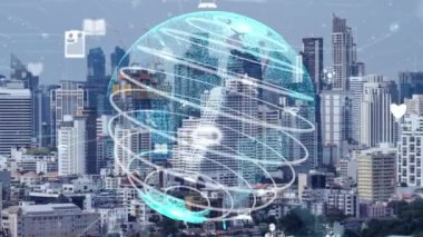 Akıllı şehirde küresel bağlantı ve internet ağı değişikliği. Gelecekteki kablosuz dijital bağlantı ve sosyal medya ağı kavramı .