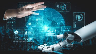 Gelecekçi robot yapay zeka yapay zeka yapay zekayı aydınlatıyor ve makine öğrenme kavramını geliştiriyor. İnsan hayatının geleceği için küresel robot biyonik bilim araştırması. 3B görüntüleme grafiği.