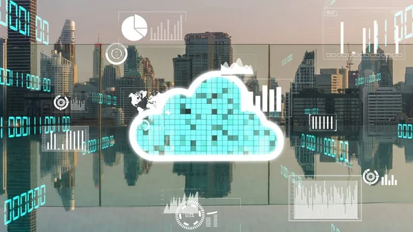 Cloud computing technology and online data storage for alteration data sharing . Computer connects to internet network server service for cloud data transfer shown in 3D futuristic graphic interface .