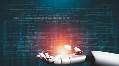 Gelecekçi robot yapay zeka devrimci yapay zeka teknoloji geliştirme ve makine öğrenme kavramı. İnsan hayatının geleceği için küresel robot biyonik bilim araştırması. 3B görüntüleme grafiği.