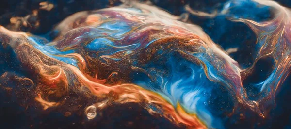 Spectacular image of blue and orange liquid ink churning together, with a realistic texture and great quality. Digital art 3D illustration.