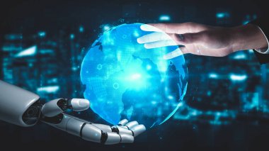 Gelecekçi robot yapay zeka yapay zeka yapay zekayı aydınlatıyor ve makine öğrenme kavramını geliştiriyor. İnsan hayatının geleceği için küresel robot biyonik bilim araştırması. 3B görüntüleme grafiği.