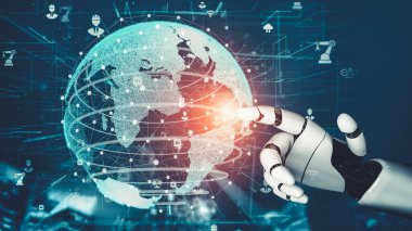 Gelecekçi robot yapay zeka devrimci yapay zeka teknoloji geliştirme ve makine öğrenme kavramı. İnsan hayatının geleceği için küresel robot biyonik bilim araştırması. 3B görüntüleme grafiği.