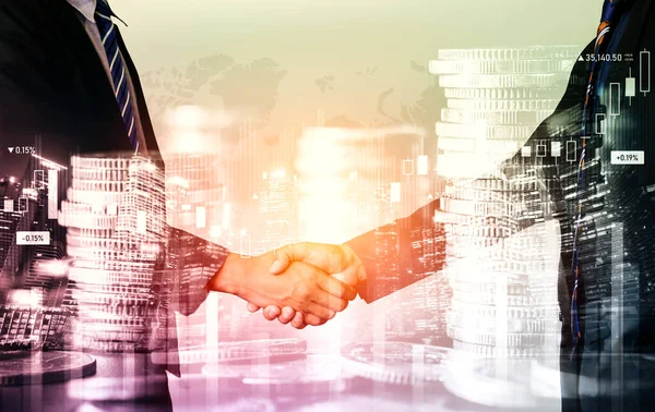 Business Handshake Financiële Welvaart Geld Technologie Activa Achtergrond Economie Financiële — Stockfoto