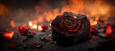 Heartbroken concept by half burnt rose leaving some into black ashes and embers. Digital art 3D illustration.