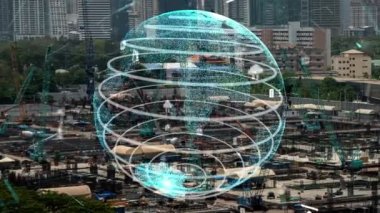 Otomasyon konseptini ve uzaktan kablosuz makine kontrolünü gösteren bir bilgisayar yazılımında fütüristik HUD kullanarak inşaat teknolojisi konsepti üzerinde değişiklik grafiği içeren konsept .