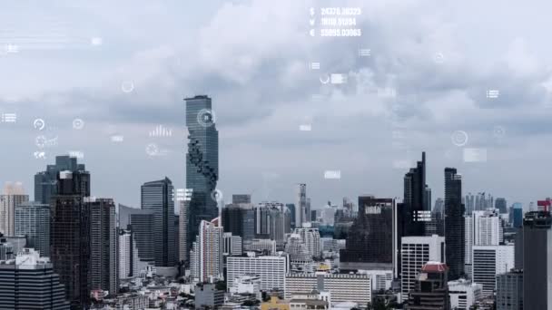 Interface Analítica Dados Negócios Sobrevoa Cidade Inteligente Mostrando Futuro Alteração — Vídeo de Stock