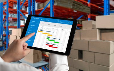 Ekip projesinin zaman çizelgesini gösteren bilgisayar ekranında, modern iş projesi yönetimi için proje planlama yazılımı