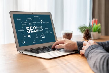 Model e-ticaret için SEO arama motoru optimizasyonu ve bilgisayar ekranında gösterilen çevrimiçi perakende işi