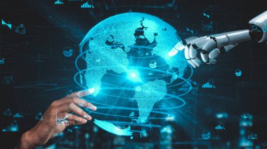 Gelecekçi robot yapay zeka yapay zeka yapay zekayı aydınlatıyor ve makine öğrenme kavramını geliştiriyor. İnsan hayatının geleceği için küresel robot biyonik bilim araştırması. 3B görüntüleme grafiği.