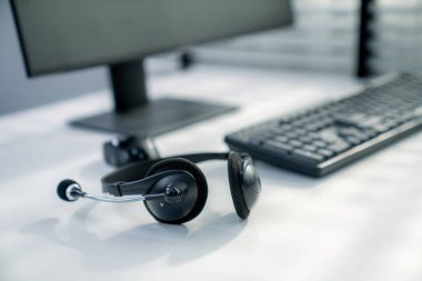 Essential equipment concept for competent online operators, call service agents, or online working. Customer service equipment, as well as helpdesk tools.