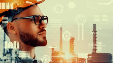 Geleceğin fabrikası ve yaratıcı grafik tasarımında yaratıcı enerji endüstrisi konsepti. Petrol, gaz ve petrokimyasal rafineri fabrikası. Hologramı yeni nesil enerji ve enerji sektörünü gösteriyor..