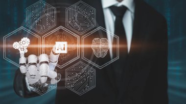 Gelecekçi robot yapay zeka devrimci yapay zeka teknoloji geliştirme ve makine öğrenme kavramı. İnsan hayatının geleceği için küresel robot biyonik bilim araştırması. 3B görüntüleme grafiği.