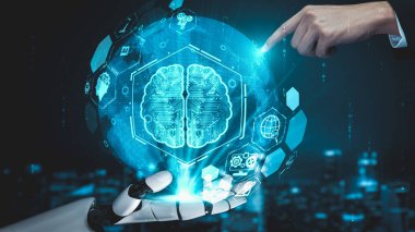 Gelecekçi robot yapay zeka yapay zeka yapay zekayı aydınlatıyor ve makine öğrenme kavramını geliştiriyor. İnsan hayatının geleceği için küresel robot biyonik bilim araştırması. 3B görüntüleme grafiği.