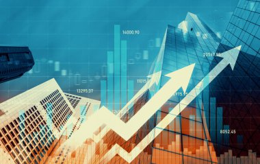 Stock market business concept. Financial graphs and digital indicators with modernistic urban area and skyscrapers as background. Double Exposure.