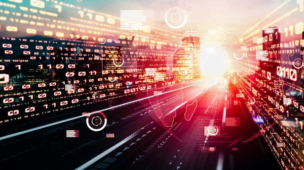 Ticari veri analizi ve zeki yazılım pazarlama stratejisi. Yeni bilgi çağındaki küresel eğilimleri değiştiren akıllı dijital dönüşüm ve teknoloji bozulması kavramı .