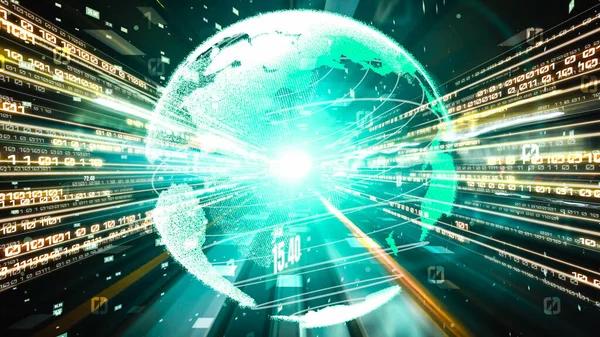 Fütürist küresel ağ ve dijital veri transferi 3D grafik. Yeni bilgi çağındaki küresel eğilimleri değiştiren akıllı dijital dönüşüm ve teknoloji bozulması kavramı .