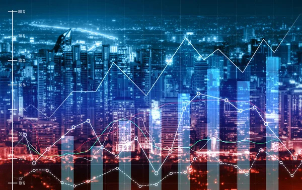 Financial Graphs Digital Indicators Overlap Modernistic Urban Area Skyscrabber Stock — Stock Fotó