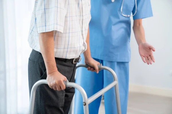 Physiotherapist Assists Her Contented Senior Patient Folding Walker Recuperation Elderly — 스톡 사진