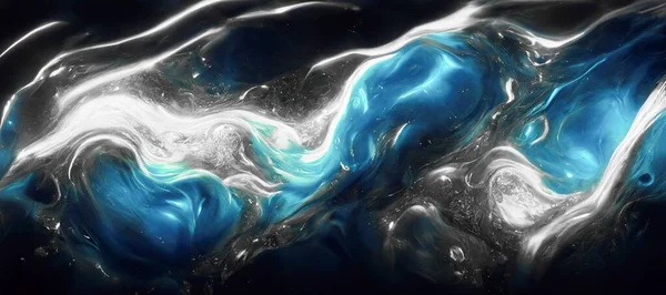 Spectacular abstract image of blue and silver liquid ink churning together, with a realistic texture, gaudy and great quality. Digital art 3D illustration.