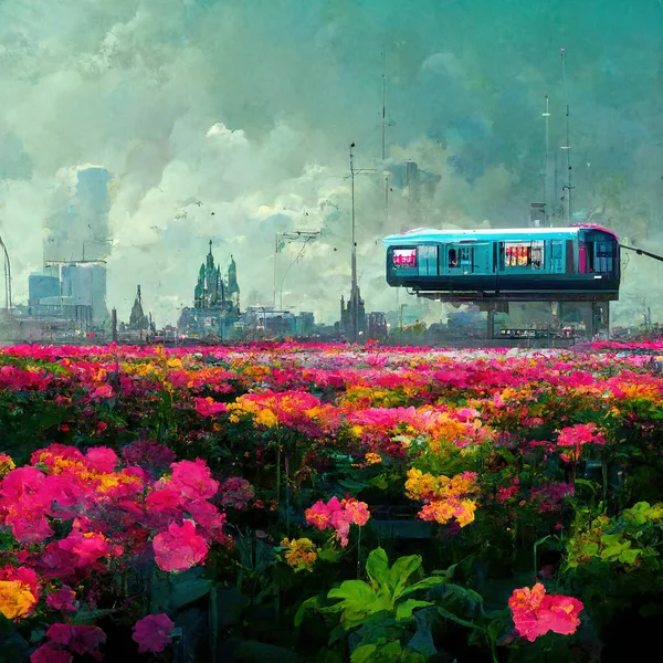 Spectacular flower garden in the suburbs of a futuristic cyberpunk city with a nearby train track and a futuristic train, neon glow lights. Digital 3D illustration.