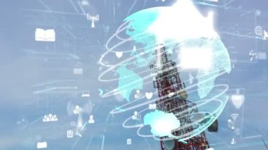 Dünya çapında internet ağı bağlantıları kavramında küresel iş değişikliğinin ve mavi gökyüzüne karşı e-ticaretin 3 boyutlu grafiğine sahip telekomünikasyon kulesi .