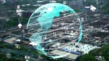 Otomasyon konseptini ve uzaktan kablosuz makine kontrolünü gösteren bir bilgisayar yazılımında fütüristik HUD kullanarak inşaat teknolojisi konsepti üzerinde değişiklik grafiği içeren konsept .