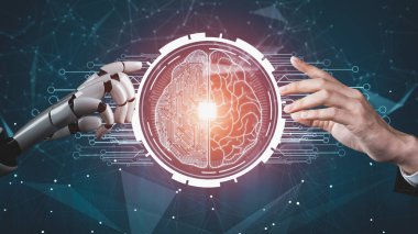 Gelecekçi robot yapay zeka devrimci yapay zeka teknoloji geliştirme ve makine öğrenme kavramı. İnsan hayatının geleceği için küresel robot biyonik bilim araştırması. 3B görüntüleme grafiği.