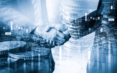 Business handshake on finance prosperity and money technology asset background . Economy and financial growth by investment in valuable stock market to gain wealth profit form currency trading clipart