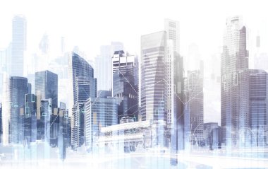 Stock market business concept. Financial graphs and digital indicators with modernistic urban area and skyscrapers as background. Double Exposure.