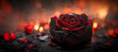 Heartbroken concept by half burnt rose leaving some into black ashes and embers. Digital art 3D illustration.