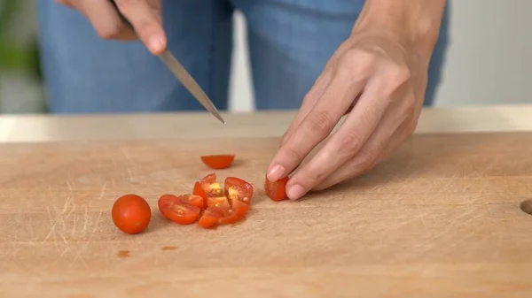 Close Hands Holding Knife Preparing Contented Meal Sliced Tomatoes Other — 스톡 사진