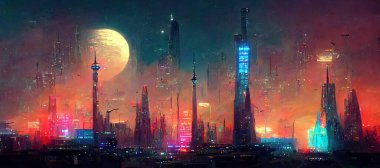 Nighttime in cyberpunk city of the futuristic fantasy world features skyscrapers, flying cars, and neon lights. Digital art 3D illustration. Acrylic painting.