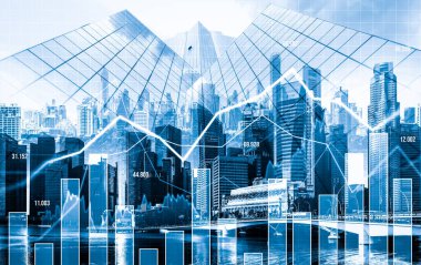 As background for a financial or business concept, digital screen and financial graphs overlap on a picture of modernistic cityscape, skyscrabbers.