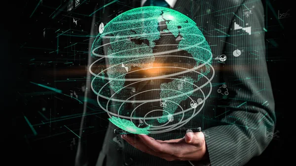 Empresario Mostrar Holograma Comunicación Empresarial Global Tecnología Alusiva Realidad Aumentada —  Fotos de Stock