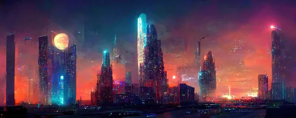 Nighttime Cyberpunk City Futuristic Fantasy World Features Skyscrapers Flying Cars — Stockfoto