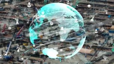 Otomasyon konseptini ve uzaktan kablosuz makine kontrolünü gösteren bir bilgisayar yazılımında fütüristik HUD kullanarak inşaat teknolojisi konsepti üzerinde değişiklik grafiği içeren konsept .