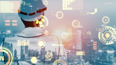 Gelecekteki bina inşaatı ve HUD hologram grafik tasarımı ile yaratıcı mühendislik projesi konsepti. İnşaat mühendisi, mimar ya da inşaat işçisi modern sivil teknoloji ile çalışıyor..